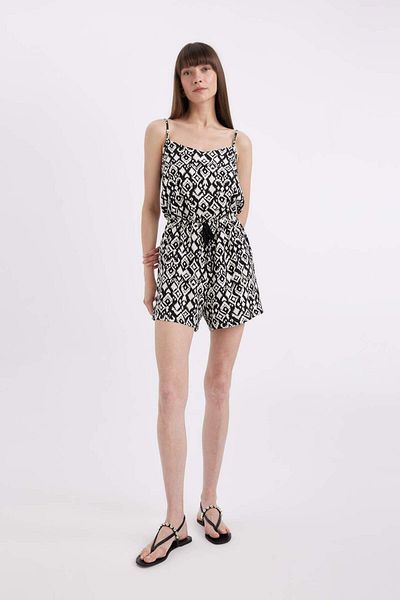 DeFacto V-Neck Tropical Patterned Adjustable Strap Mini Jumpsuit T9657AZ23HS