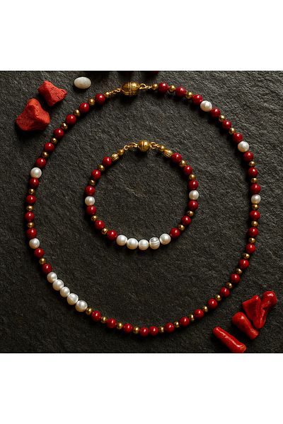 Asteria Elite Real Pearl Coral Emotional Balance and Evil Eye Protection Necklace Bracelet Set