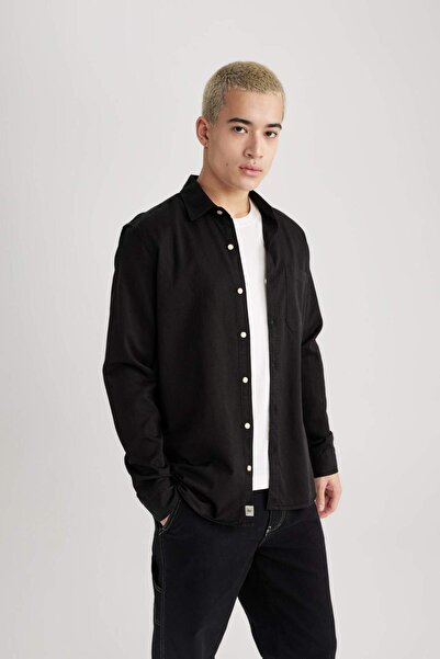 DeFacto Regular Fit Polo Yaka Pamuklu Uzun Kollu Siyah Gömlek B4140AX24SP