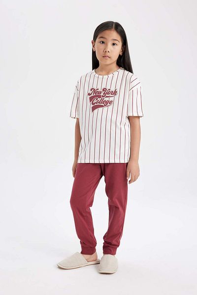 DeFacto Girls' Stripe Printed Pajamas Set - Short Sleeve and Elastic Waist C1945A824Sp
