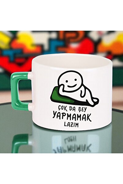 Solid Baskı Stüdyosu Komik Sözlü Seramik Fincan- Eğlence Temalı Yeşil Kulplu Neşeli Tasarım-Hediye İçin Uygun