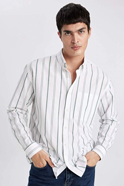 DeFacto Relax Fit Polo Collar Striped Oxford Long Sleeve Shirt B3679ax24sp