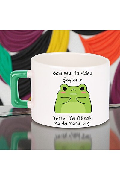 Solid Baskı Stüdyosu Komik Sözlü Seramik Fincan- Eğlence Temalı Yeşil Kulplu Neşeli Tasarım-Hediye İçin Uygun