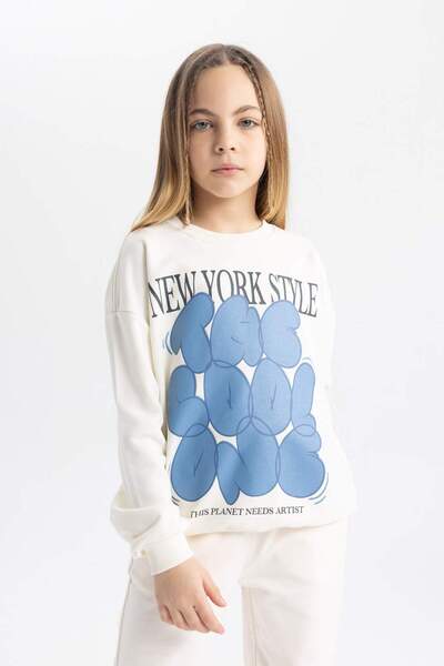 DeFacto Kız Çocuk Oversize Geniş Kalıp Bisiklet Yaka Baskılı Sweatshirt C0080A824SP