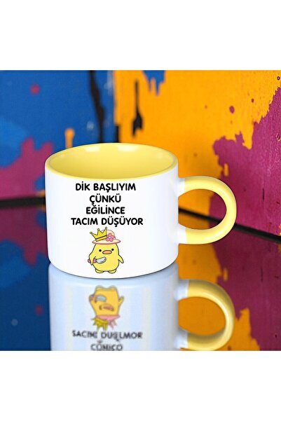 Solid Baskı Stüdyosu Komik Sözlü Porselen Fincan - Eğlence Temalı Sapı Ve İçi Sarı Neşeli Tasarım-Hediye İçin Uygun