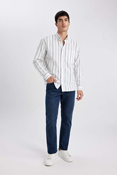 DeFacto Relax Fit Polo Collar Striped Oxford Long Sleeve Shirt B3679ax24sp