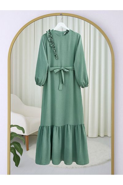 Modamorfo Ruffle Stone Detailed Piece Skirt Belted Ayrobin Dress - Khaki