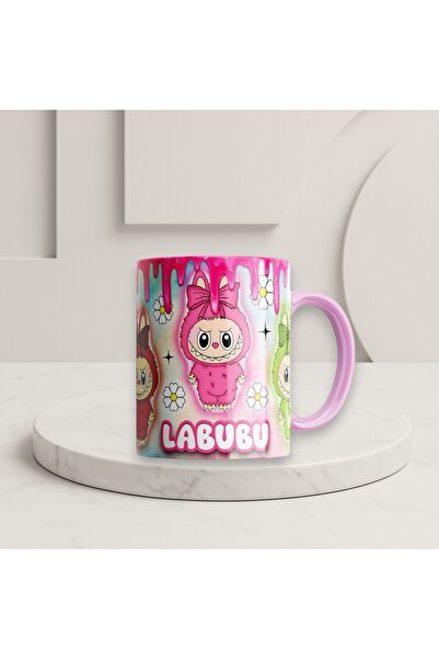 Solid Baskı Stüdyosu Labubu Kupa Bardak - Sapı ve İçi Pembe Modern Tasarım- H...