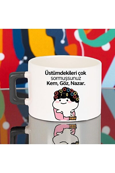 Solid Baskı Stüdyosu Komik Sözlü Seramik Fincan - Eğlence Temalı Siyah Kulplu...