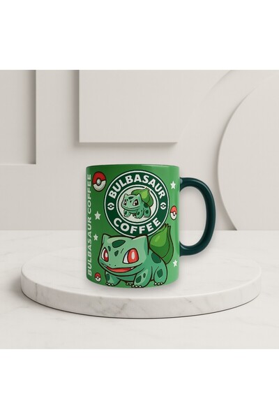 Solid Baskı Stüdyosu Pokemon Porselen Kupa Bardak - Yeşil Kulplu Neşeli Tasarım- Hediye İçin Uygun