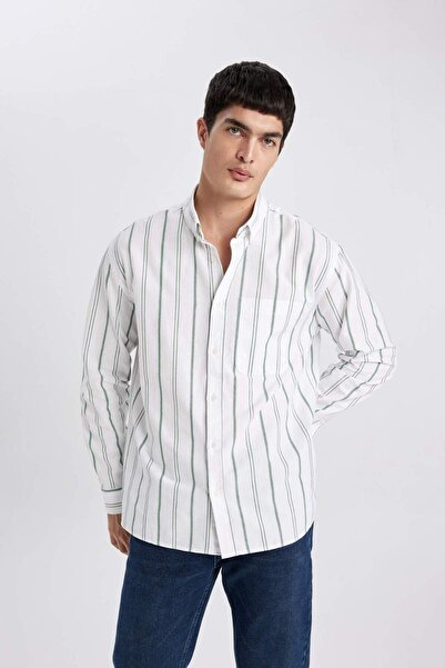 DeFacto Relax Fit Polo Collar Striped Oxford Long Sleeve Shirt B3679ax24sp
