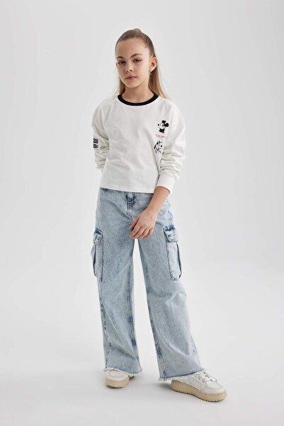 DeFacto Girls Disney Mickey & Minnie Crop Crew Neck Long Sleeve T-Shirt B9872A824Sp