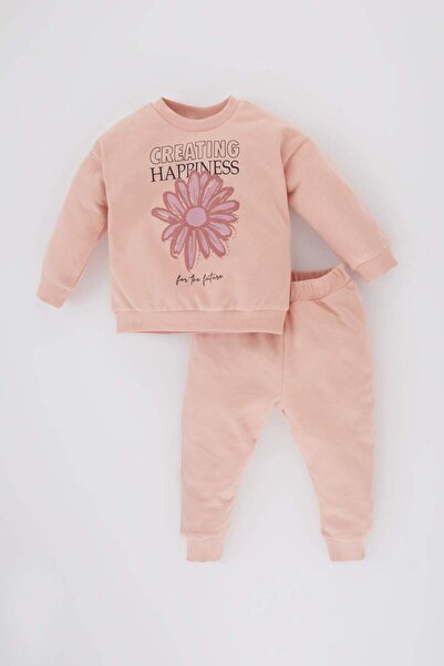 DeFacto Kız Bebek 2li Takım Bisiklet Yaka Çiçekli Sweatshirt Beli Lastikli Eşofman Altı B9788A524SP