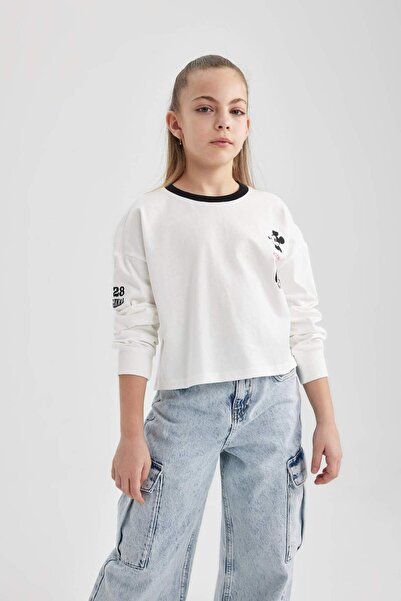 DeFacto Girls Disney Mickey & Minnie Crop Crew Neck Long Sleeve T-Shirt B9872A824Sp