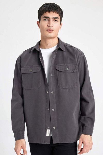 DeFacto Relax Fit Polo Collar Snap Closure Pocket Canvas Shirt Jacket A8182Ax23Wn