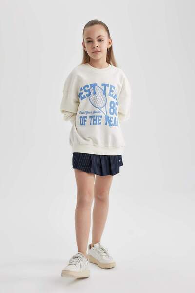DeFacto Kız Çocuk Oversize Geniş Kalıp Bisiklet Yaka Baskılı Sweatshirt B9687A824SP