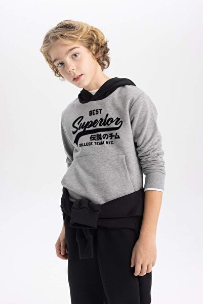 DeFacto Erkek Çocuk Baskılı Kapüşonlu Kalın Sweatshirt B9001A823CW