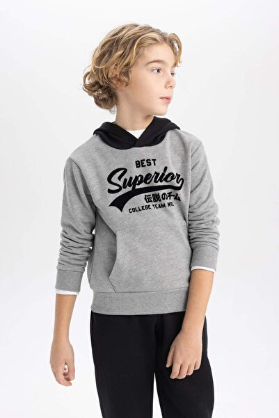 DeFacto Erkek Çocuk Baskılı Kapüşonlu Kalın Sweatshirt B9001A823CW