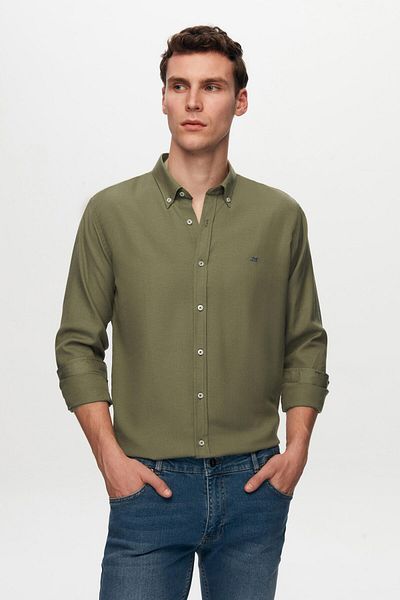 D'S Damat Slim Fit Khaki Oxford Button-Down Collar Easy-To-Iron Cotton Shirt with Embroidery Detail