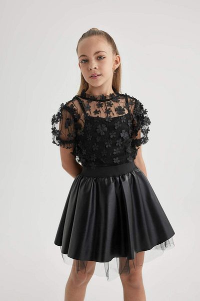 DeFacto Girl's Christmas Themed Tulle Short Sleeve T-Shirt B3867A823Wn
