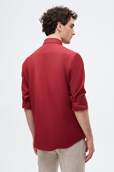 D'S Damat Ds Damat Slim Fit Bordo Oxford Düğmeli Yaka Kolay Ütülenebilir Nakış Detaylı Pamuklu Gömlek