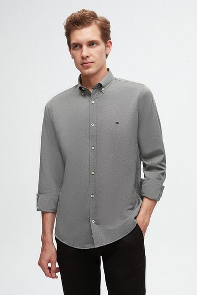 D'S Damat Anthracite Oxford Groom Slim Fit Shirt - Buttoned Collar, Easy Ironing, Embroidery Detail