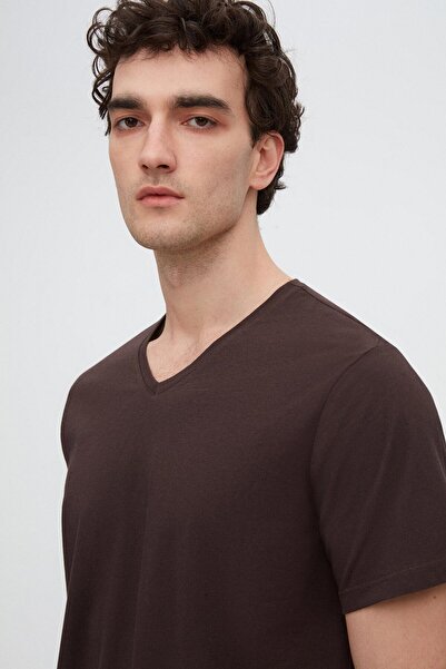 D'S Damat Ds Damat Slim Fit Καφέ μπλουζάκι με λαιμόκοψη 100% βαμβάκι