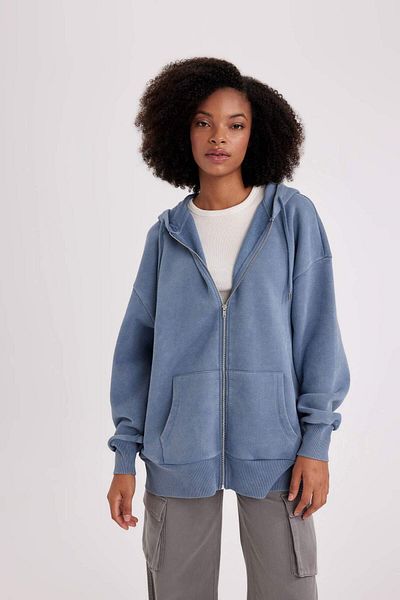 DeFacto Oversize Fit Hooded Thick Fabric Washed Faded Effect Zippered Sweatshirt B8289Ax23Wn