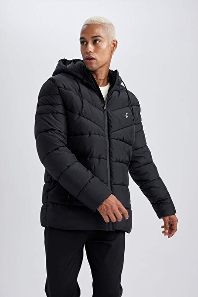 DeFacto Defactofit Standard Fit Puffer Coat Hooded Faux Fur Zipper Pocket Y7377Az23Wn