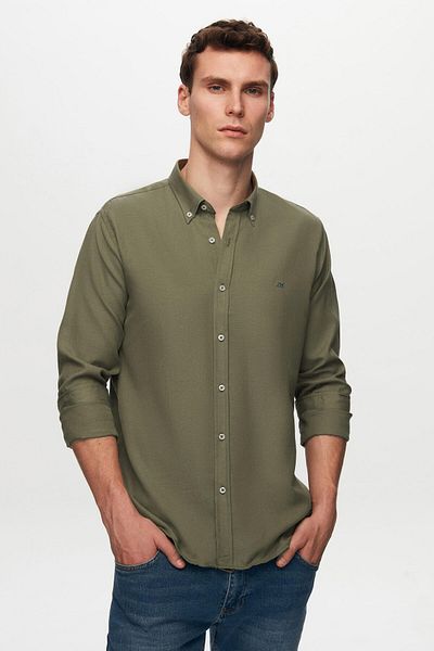 D'S Damat Slim Fit Khaki Oxford Button-Down Collar Easy-To-Iron Cotton Shirt with Embroidery Detail