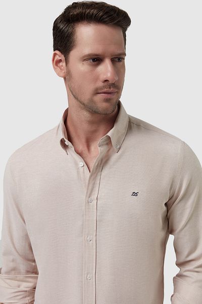 D'S Damat Ds Damat Slim Fit Бежов Оксфорд с копчета на яката Лесно гладима с бродерия Памучна риза