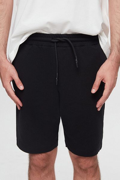 D'S Damat Ds Damat Slim Fit, negru, cu talie elastică, detaliu cu șnur, pantaloni scurți confortabili din bumbac tricotat