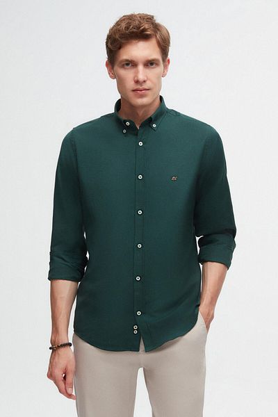 D'S Damat Ds Damat Slim Fit Зелена оксфордска яка с копчета Лесна за гладене Бродирана памучна риза с детайли