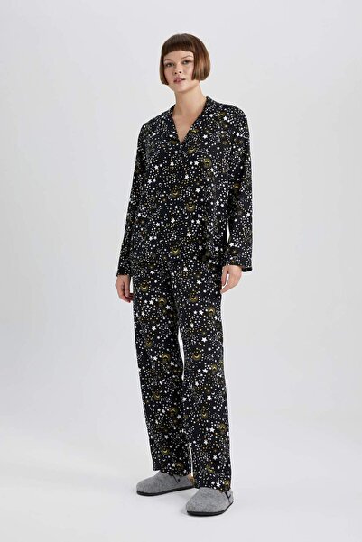 DeFacto Fall In Love Flexibilní dlouhé viskózové pyžamo v pase B0215ax23wn