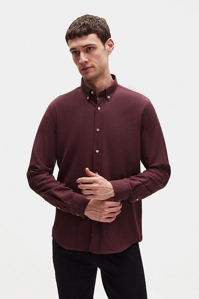 D'S Damat Ds Damat Slim Fit Plum Oxford Button Collar Easy-Iron Cotton Shirt with Embroidery Detail
