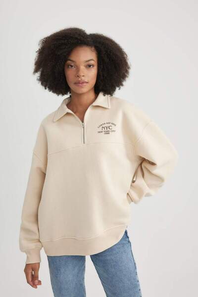 DeFacto Tlustá mikina Regular Fit na zip s potiskem polo výstřihu B8790AX23WN