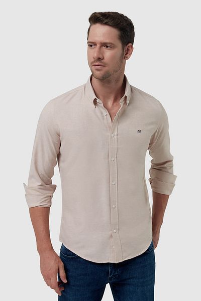 D'S Damat Ds Damat Slim Fit Бежов Оксфорд с копчета на яката Лесно гладима с бродерия Памучна риза