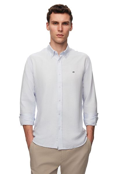 D'S Damat قميص Ds Damat Slim Fit أزرق أكسفورد بياقة بأزرار سهلة الكي ومطرز بتفاصيل قطنية