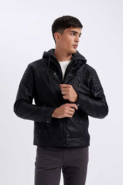 DeFacto Slim Fit Dar Kesim Çıkarılabilir Kapüşonlu Fermuarlı Cepli Pelüş Astar Suni Deri Mont N9693AZ23WN