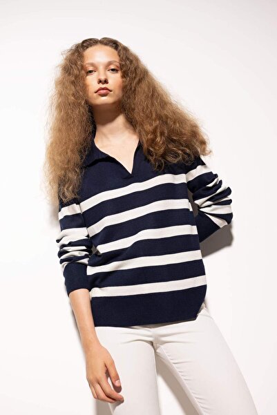 DeFacto Pulover tricotat cu dungi cu gât polo cu croiala normală A1249AX23WN