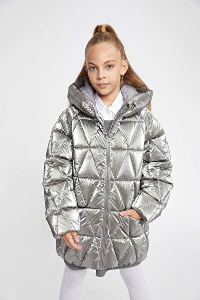 DeFacto Girls Water Repellent Hooded Fleece Lined Shiny Coat A0856A823Au