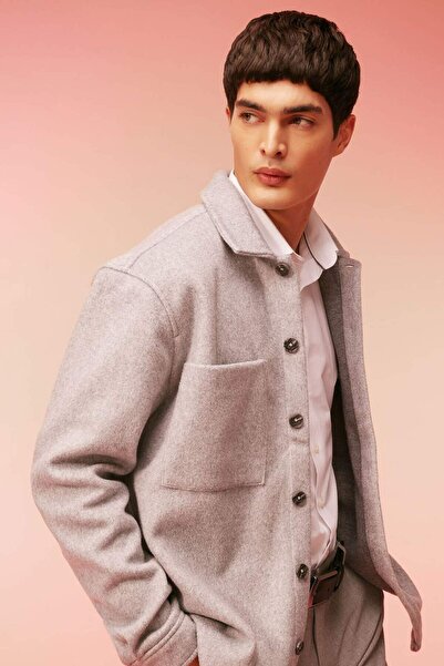 DeFacto Relax Fit Polo Collar Woolen Look Long Sleeve Shirt Jacket A7891Ax23Au
