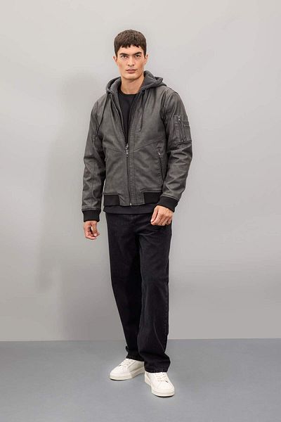 DeFacto Slim Fit Hooded Bomber Faux Leather Coat N9682Az23Wn