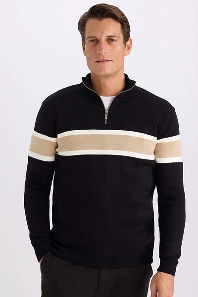 DeFacto Navy Blue Standard Fit Regular Cut Stand Collar Zippered Striped Sweater Sweater Y4193Az23Wn