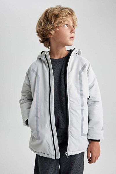 DeFacto Boy's Water Repellent Reflector Printed Hooded Fleece Lined Coat A2263A823Wn