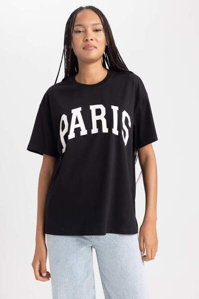 DeFacto Oversize Geniş Kalıp Bisiklet Yaka Kısa Kollu Tişört B0661AXNS