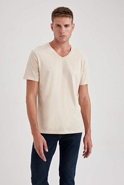 DeFacto %100 Pamuk Slim Fit Dar Kesim V Yaka Kısa Kollu Tişört B0646AXNS