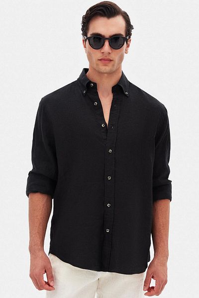 D'S Damat Ds Damat Comfort Black Plain 100% Linen Shirt