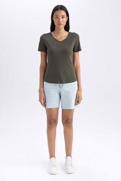 DeFacto Slim Fit Slim Fit Rib Short Sleeve T-Shirt B0647Axns
