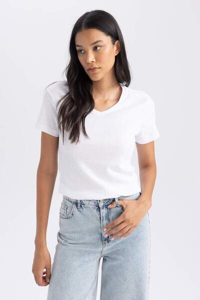 DeFacto Slim Fit Dar Kesim Ribana Kısa Kollu Tişört B0647AXNS